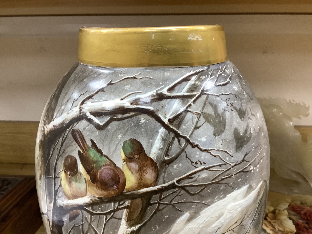 A pair of late 19th century French St Denis painted vases, decorated with birds in a landscape, signed by the artist, height 35cm